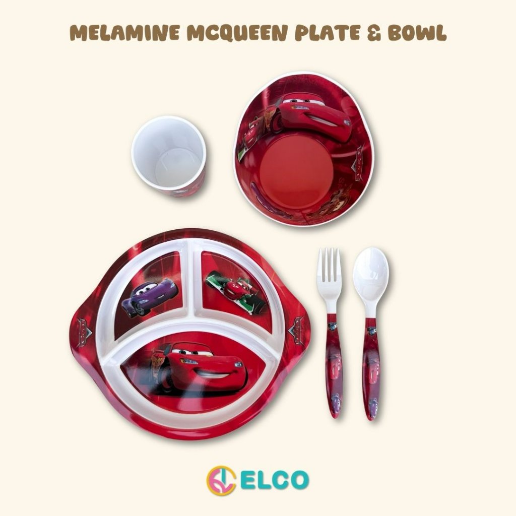ELCO premium melamine lightning mcqueen kids plate spoon tableware set / piring sendok anak bahan me