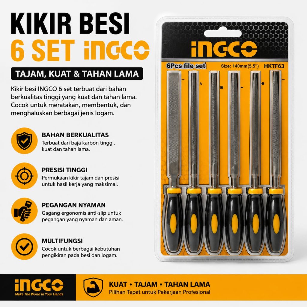 Kikir Besi Set INGCO 6PCS 140mm HKTF63 Kikir Logam Baja Set Kikir Tangan Multifungsi