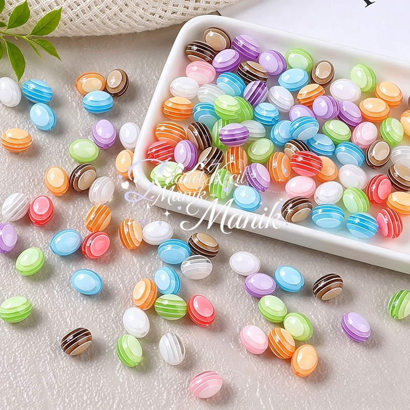 10PCS-Manik Oval Resin Motif Garis Permen Warna Campur Berkilau Hiasan Baju Boneka Aksesoris Jahit T