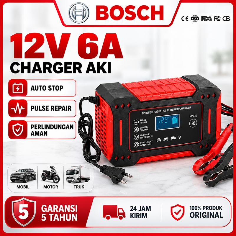 Charger Aki Mobil Motor 12V 6A LCD Digital Otomatis Pulse Repair Garansi 5 Tahun