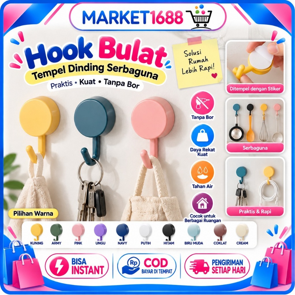 Market1688  Gantungan Hook Bulat Polos Tempel Tembok Wall Hook Stiker Dinding Kail Tempel Kuat Serba