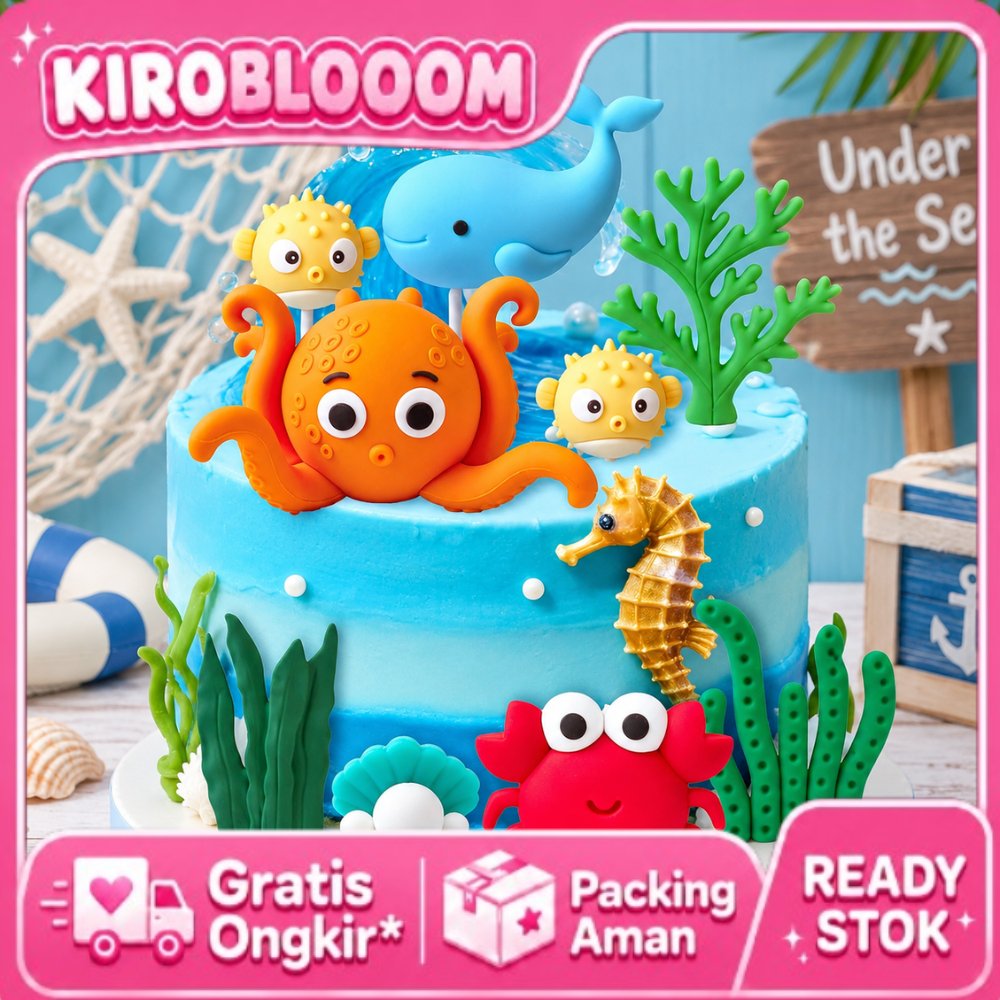 Topper Kue Tema Laut Ocean Mermaid Cake Topper 3D Birthday Ikan Laut Octopus Hiasan Kue Ulang Tahun 