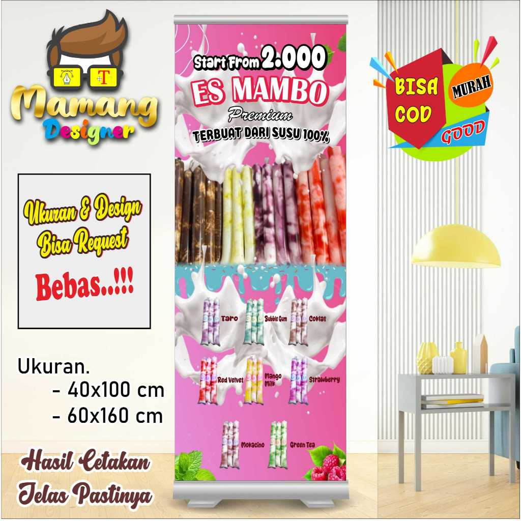Spanduk Banner Custom Jualan Es Mambo Jajanan Kekinian Bagus