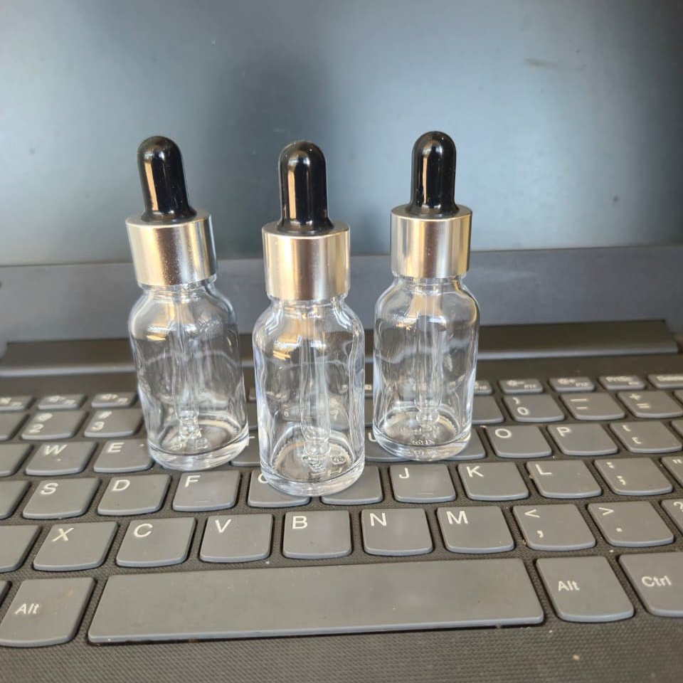 Botol pipet kaca 15ml karet hitam ring silver body bening / Botol serum / Botol tetes 15 ml