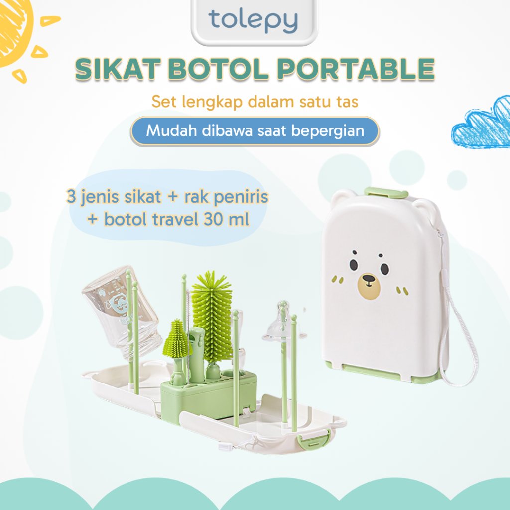 TOLEPY Sikat Botol Bayi Set 6in1 | Rak Pengering Botol Case Beruang Lucu | Sikat Dot Sedotan Sabun T