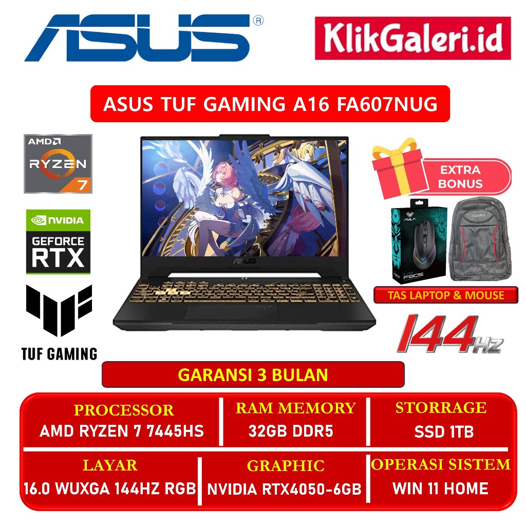 Laptop Gaming ASUS TUF A16 FA607NUG - Ryzen 7 RTX 4050 32GB 1TB SSD 144Hz Original