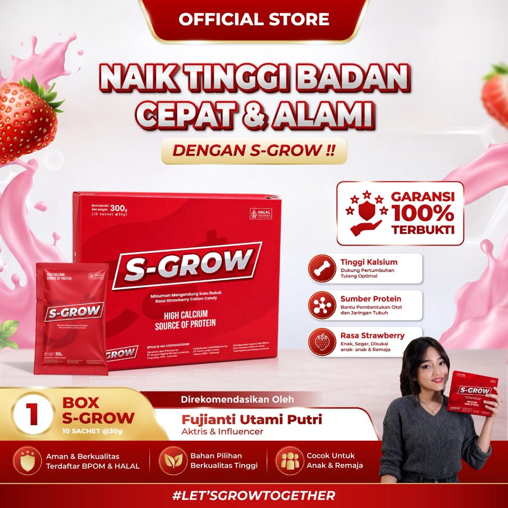 S-GROW – Suplemen Peninggi Badan Alami untuk Remaja & Dewasa  | Varian Strawberry
