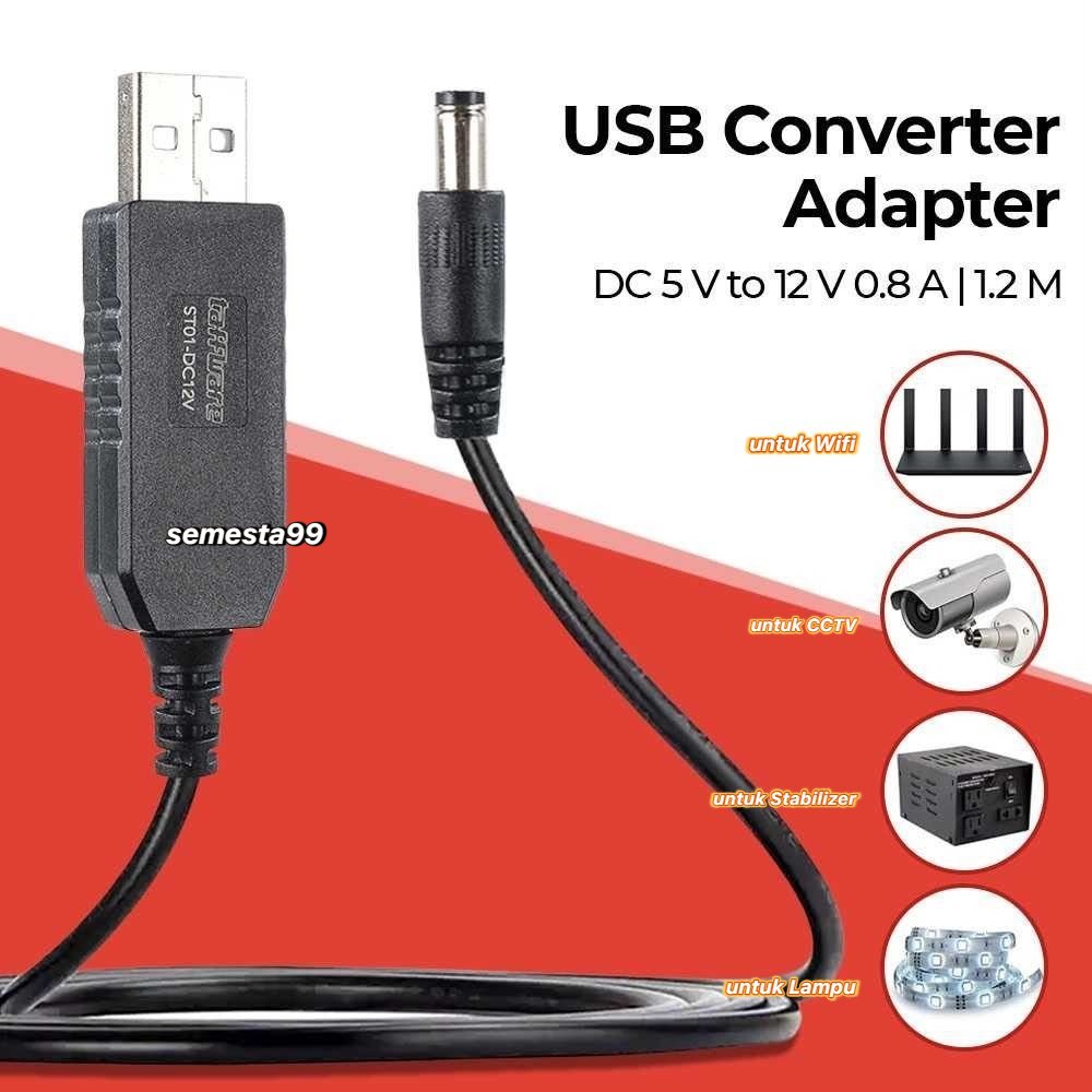 Smsta~ Cable USB Converter Adapter Power Boost Line DC 5V to 12V 0.8A 1.2M - ST01 - Warna Hitam Kabe