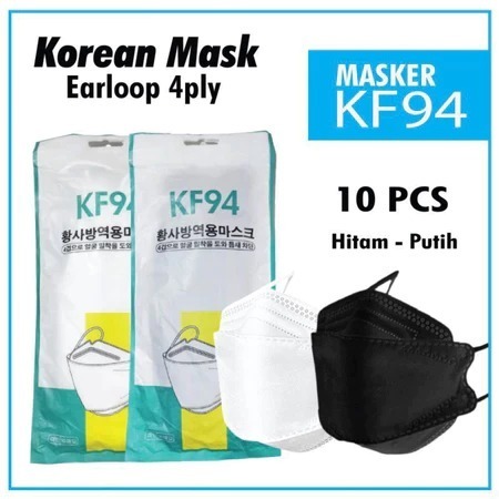Masker KF94 Korean Style 4 Ply Isi 10 Pcs Masker Wajah Korea 3D Premium Earloop Hitam Putih Anti Deb