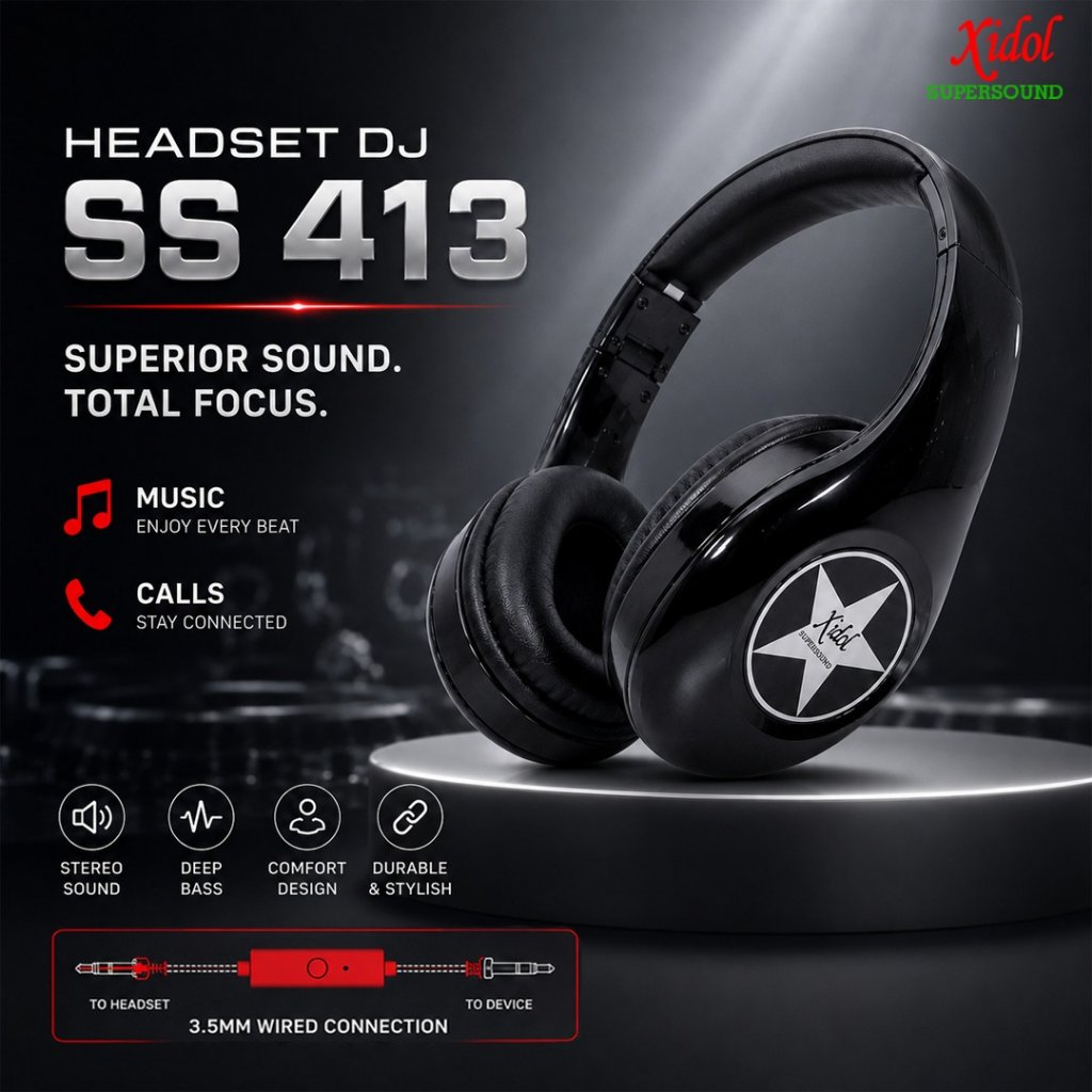 HEADSET HANDSFREE EARPHONE KABEL BANDO DJ AUDIO STEREO MUSIC 3.5MM PLUG DJ SS 413 XIDOL SUPERSOUND