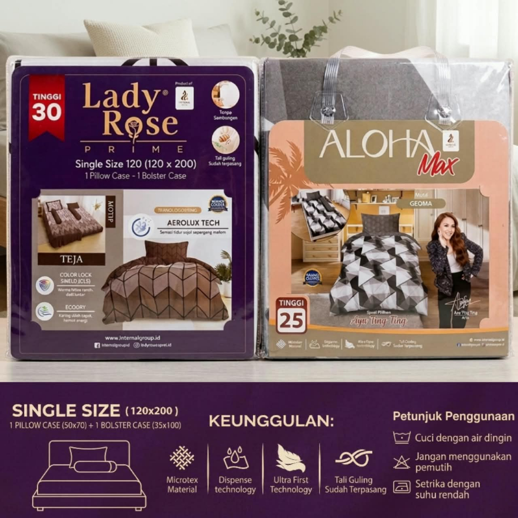 Lady Rose Prime / Aloha Max - Sprei Single 120x200 Bantal 1 Guling 1 - Geometris / Kotak / Garis