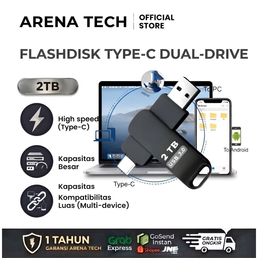 Flashdisk 3in1 150Mb/s  OTG USB 3.0 Type C Micro Android 1TB 2TB Simpan File di TV & Mobil