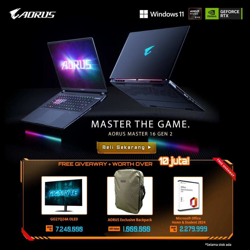 Laptop Gaming GIGABYTE AORUS MASTER 16 8XJ AM6J GeForce RTX 5070 Ti Ryzen 9 8940HX Layar 16 Inch 165