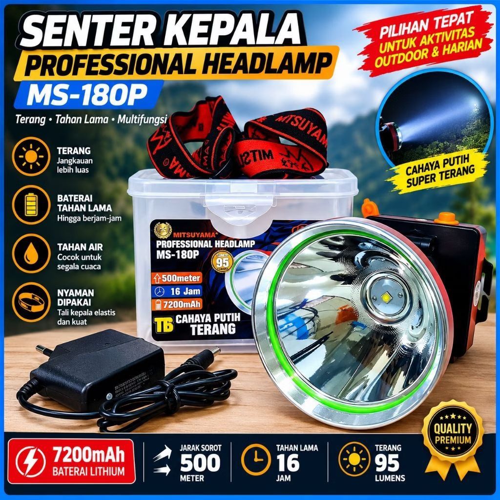 MS-180P Senter Kepala T6 Mitsuyama LED 200W Super Terang MS 180 P PROMO
