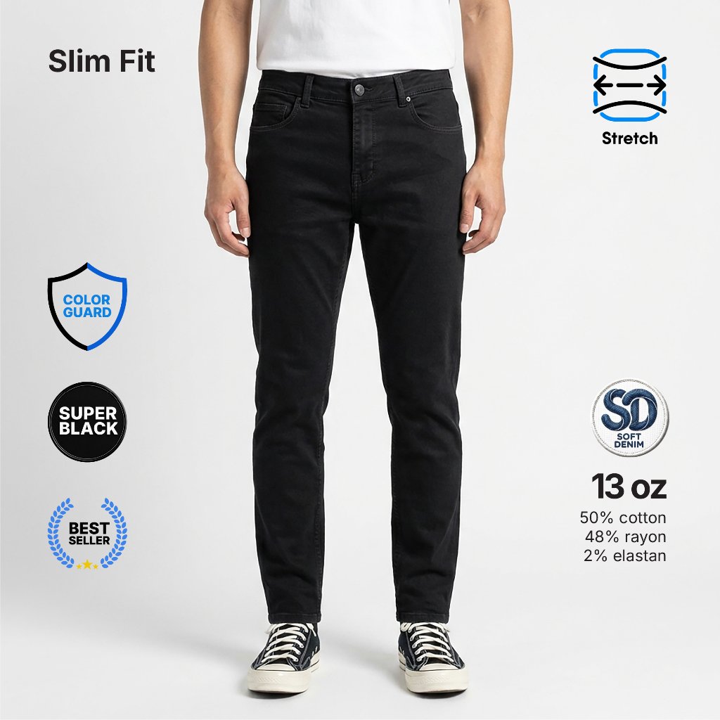 TRIPLE SUPER BLACK Denim Slim Fit Celana Panjang Pria Soft Denim Hitam Pekat
