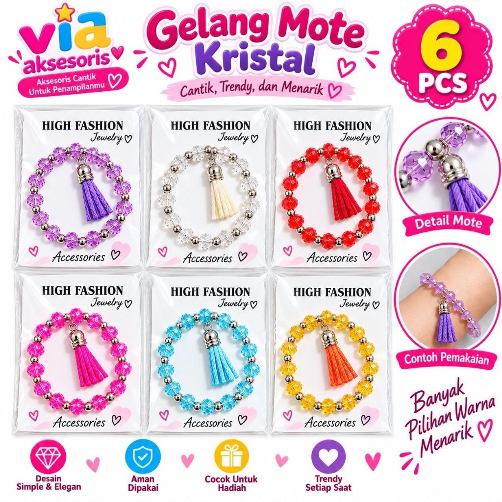 6 Pcs Gelang Mote Kristal Aksesoris Crystal