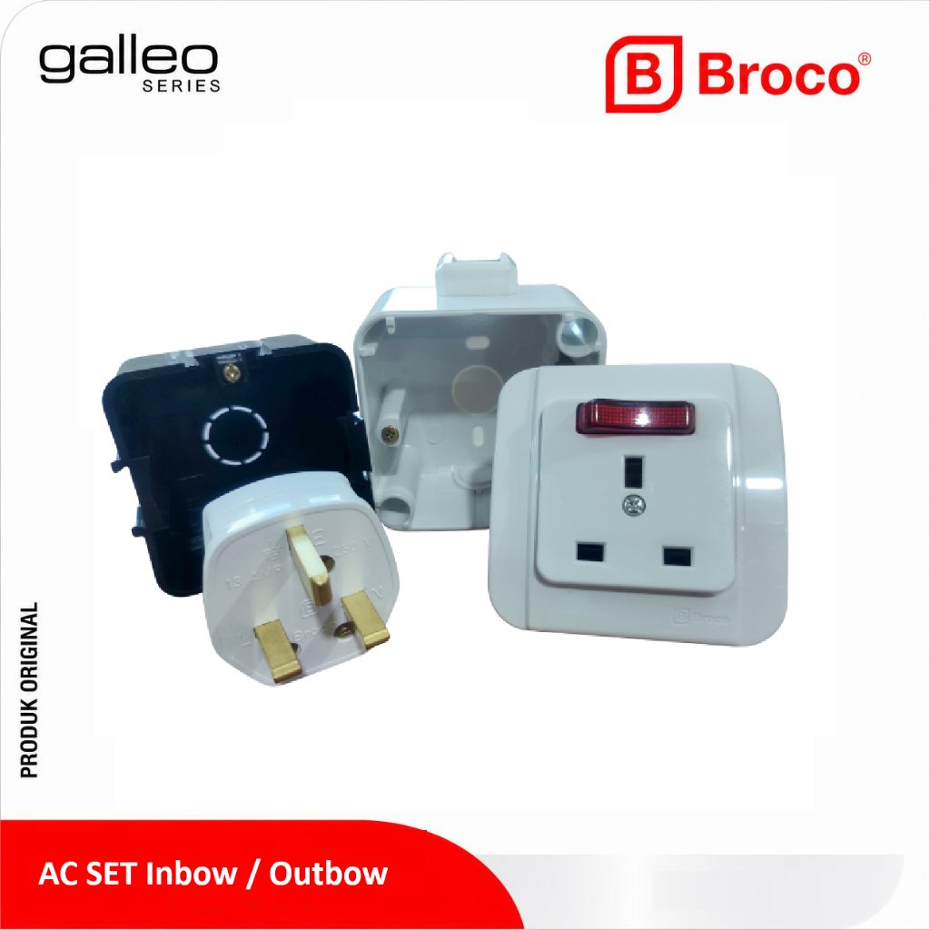 Broco Galleo Stop Kontak AC Set G155 SM55S Putih - Colokan AC Lengkap Steker + Inbow Outbow Dus Tana