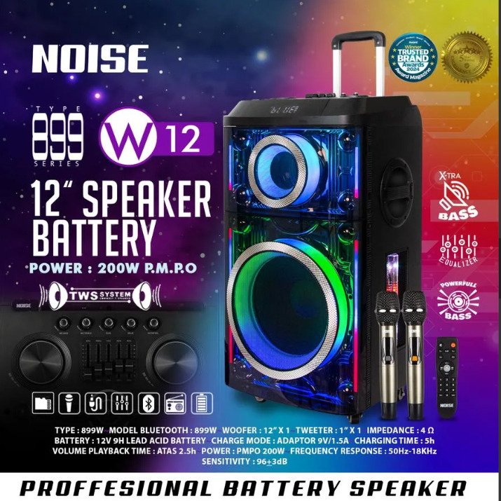 NOISE Speaker 899W 12" - Speaker Portable Bluetooth LED Transparan Super Bass 12 Inch