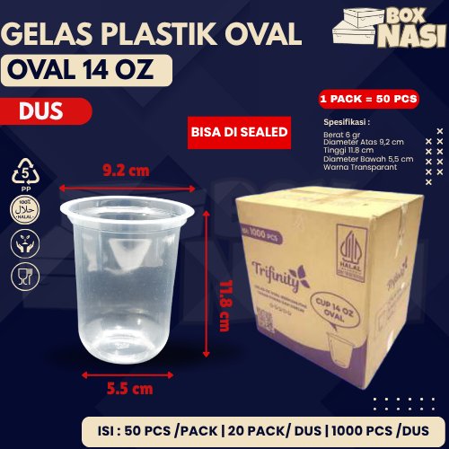 DUS KARGO Gelas Plastik Oval Bening / Gelas Plastik Datar 12oz 14oz 16oz 18oz 22oz / Gelas Cup Plast