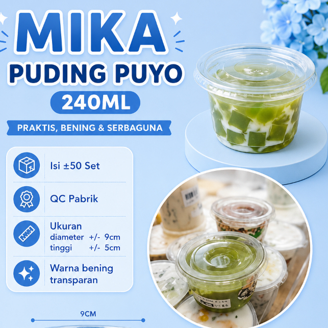 MIKA CUP PUDING PUYO 240ML/ CUP PUDING BENING/ MIKA SILKY PUDING/ GELAS JELLY PREMIUM ISI +/-50PCS