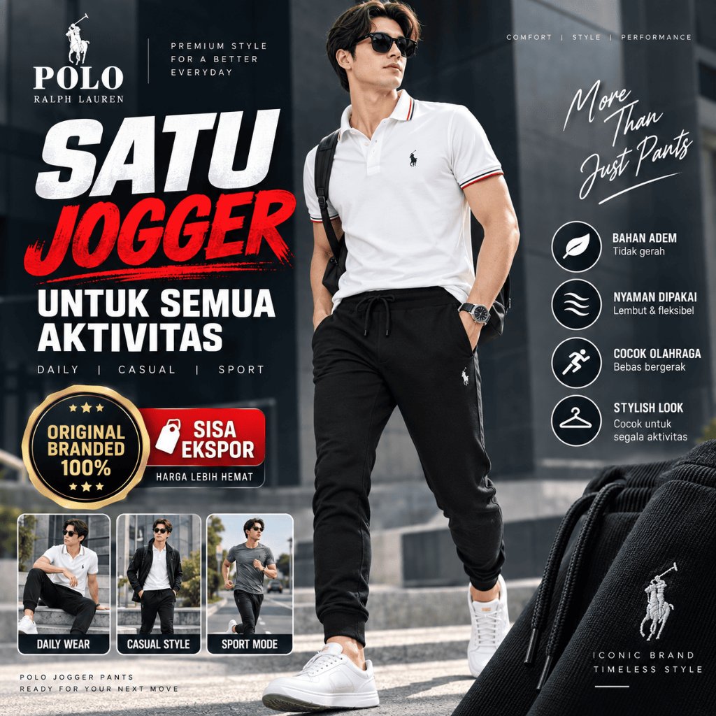 PL - Polo Celana Jogger Pria Original Branded Adem Nyaman Casual Sport Sisa Ekspor