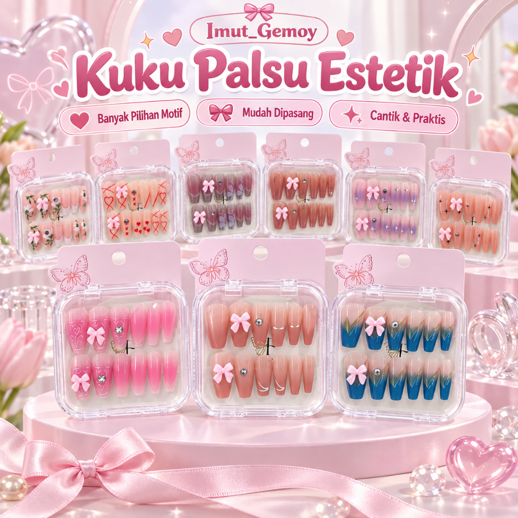 Biru Cool (isi 12 box ) 3D Kuku Palsu Nail Art Set DIY Fake Nail Plus Box nail art bridal wedding
