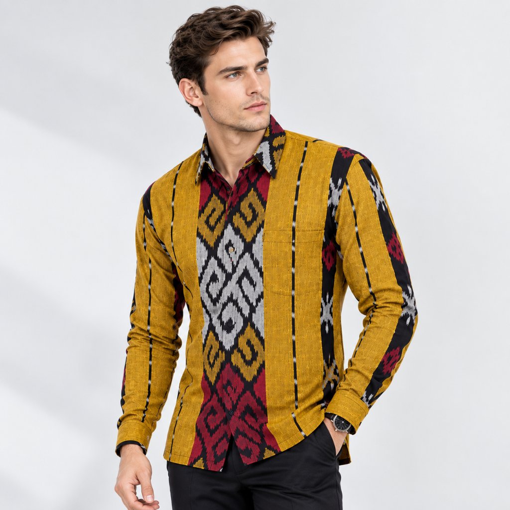 Baju kemeja tenun pria motif toraja warna kuning lengan panjang terbaru