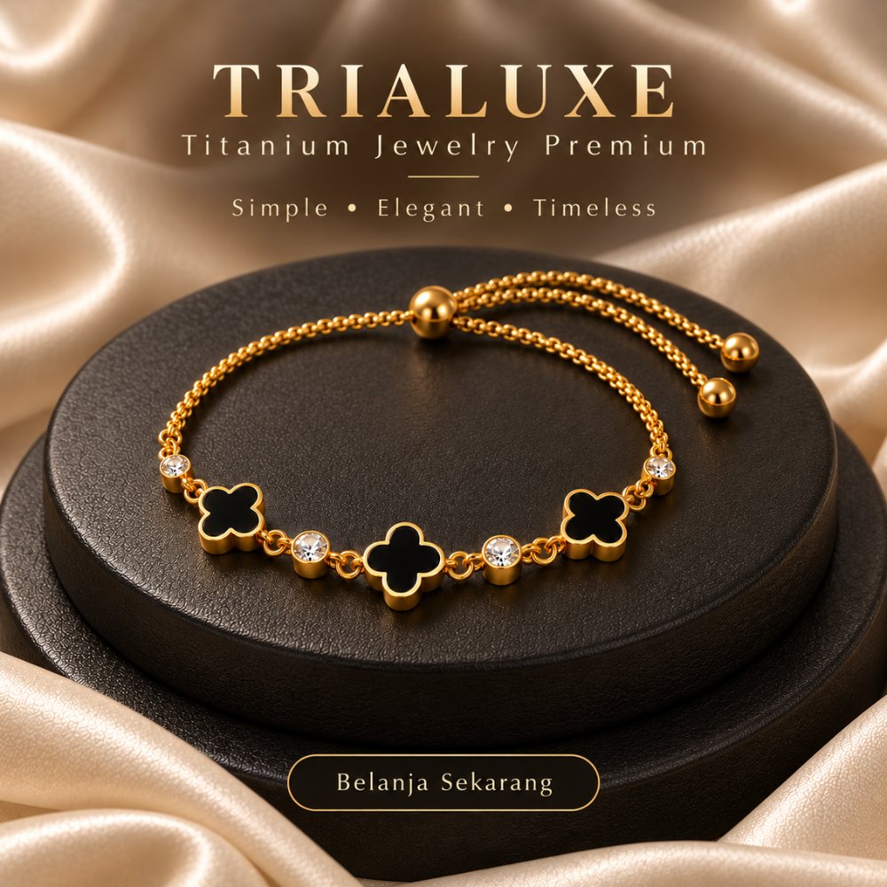 Trialuxe - Gelang Serut Wanita Titanium Gold Black Clover Zircon Adjustable