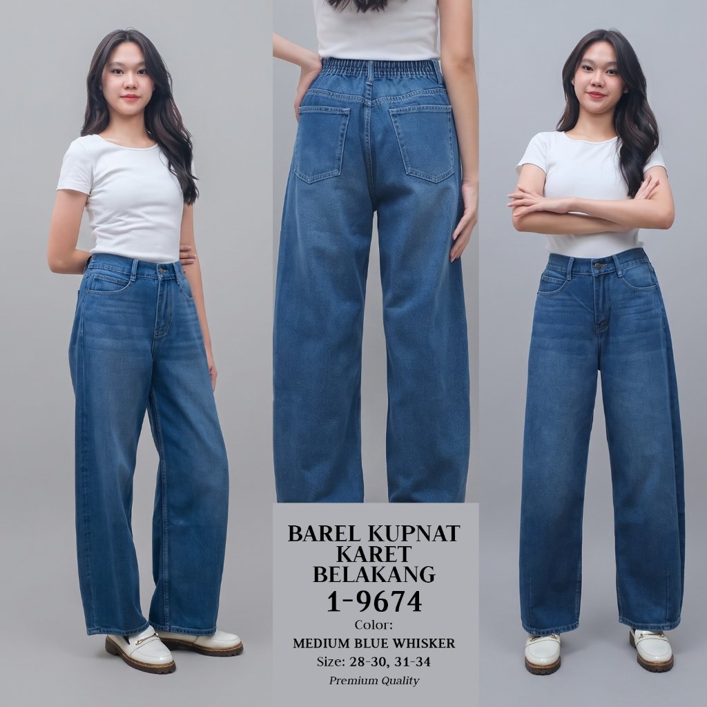 TRENDING! CELANA JEANS WANITA BARREL KUPNAT KARET BELAKANG HIGHWAIST MEDIUM BLUE WHISKER DENIM PREMI