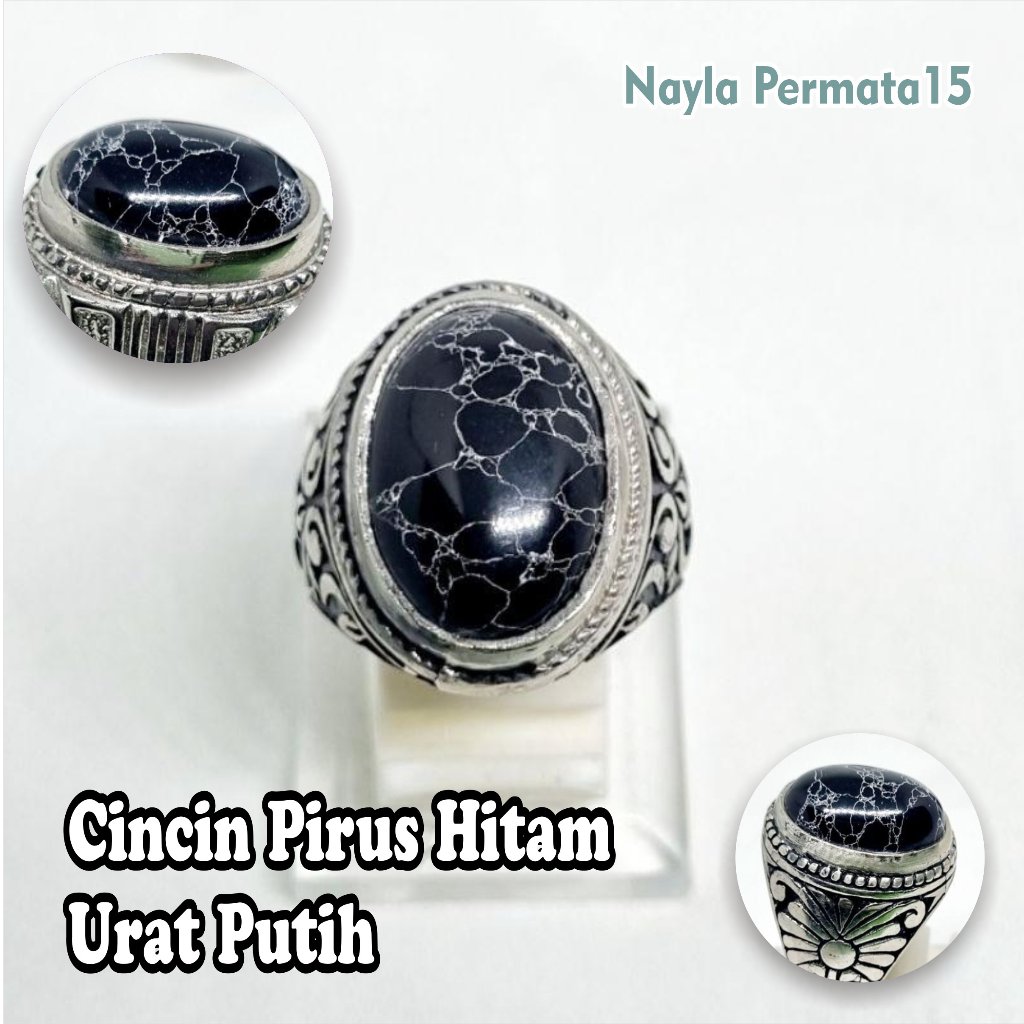 cincin pirus hitam urat putih / pirus persia / cincin batu akik pirus hitam ceplok kuro