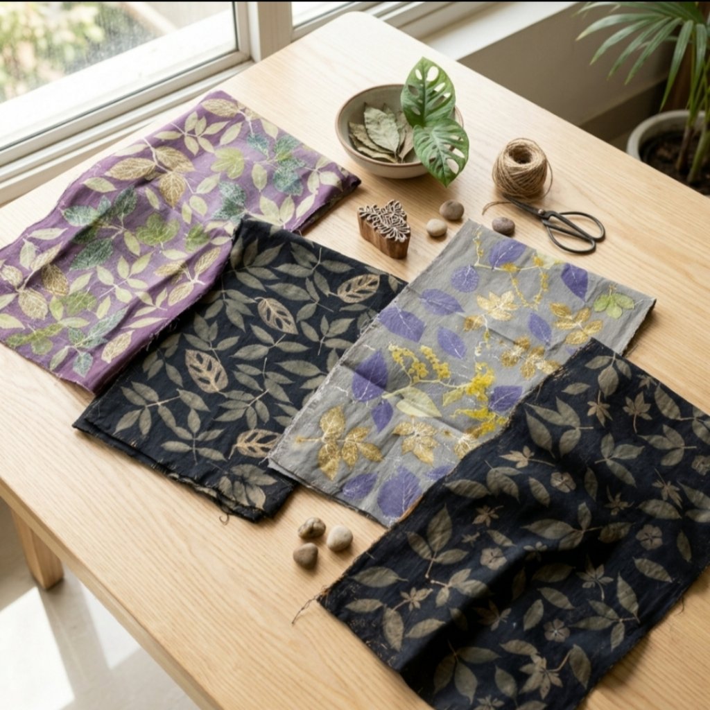 Kain baby canvas ecoprint batik warna alam cetak daun asli ukuran 50x115 untuk craft tas