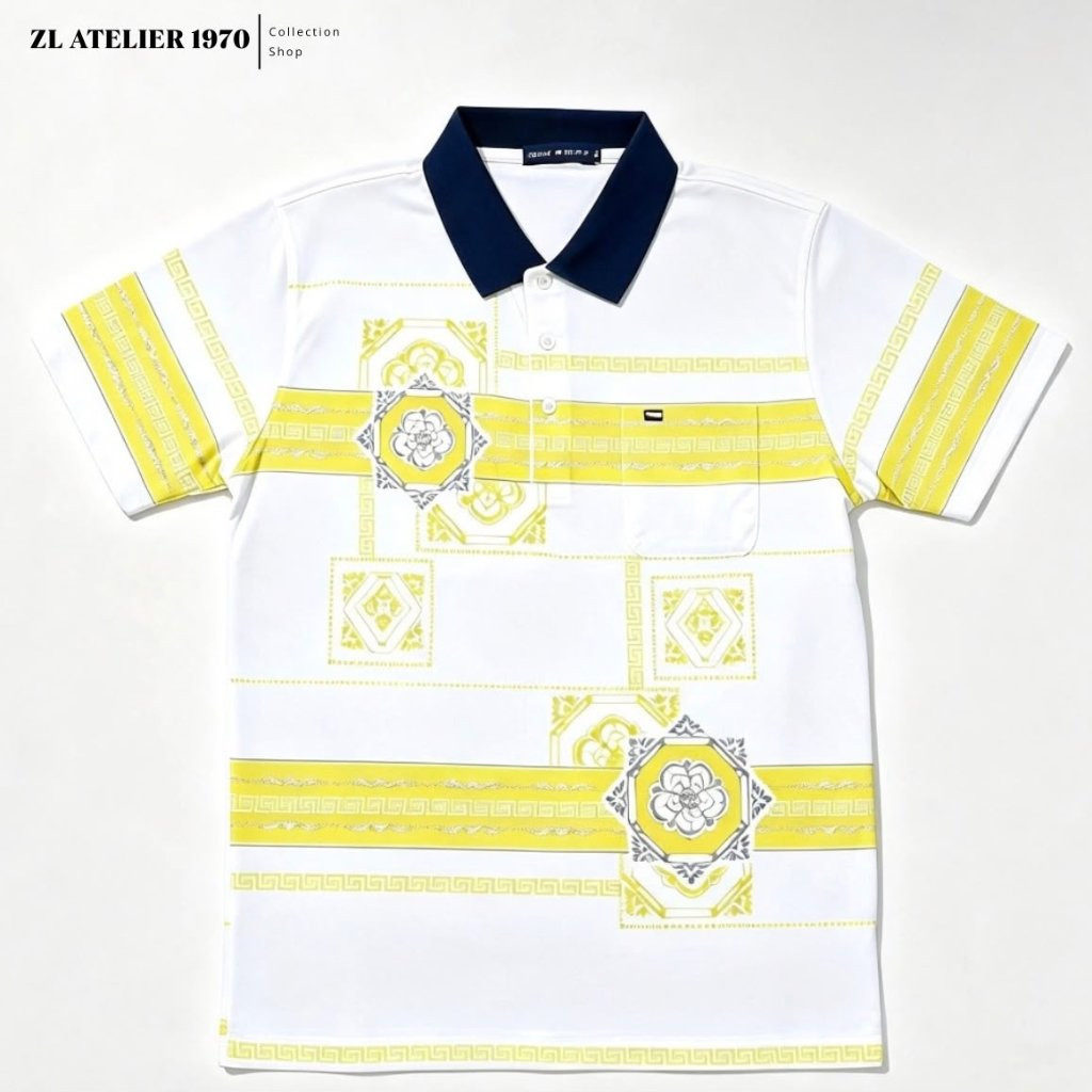 Kaos Polo Korea Pria — Motif Bunga Klasik Mewah