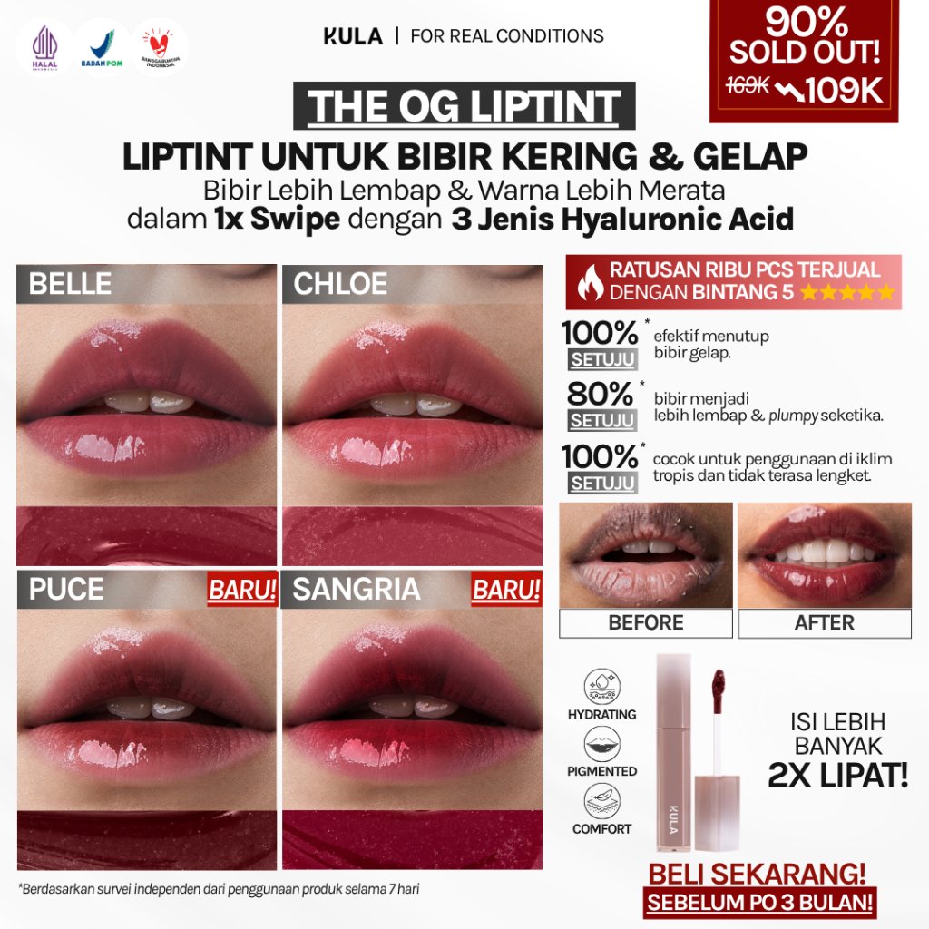 [NEW PACKAGING] KULA - The OG Liptint | Liptint Glossy Untuk Bibir Kering dan Gelap Lip Tint Hydrating Warna Intense Pigmented dan Nyaman Seharian