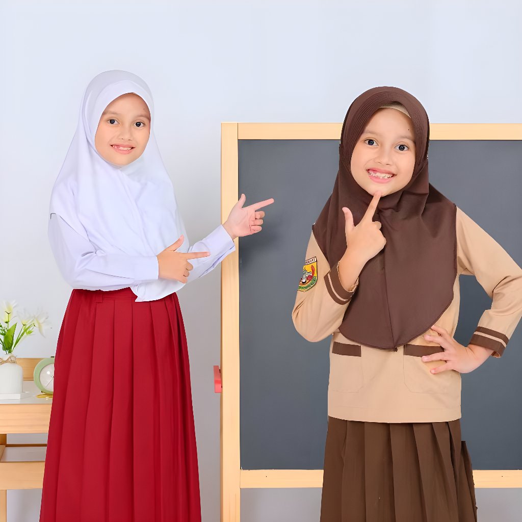 Seragam Sekolah Merah Putih SD Panjang Setelan Anak Perempuan Usia 6-12 Tahun Lengkap Bonus Jilbab P