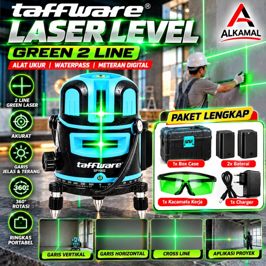 RAJA TAFFWARE Laser siku waterpass digital alat tukang bangunan 2 Line akurat Self Leveling Green .
