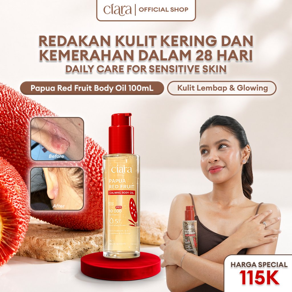 Ciara Papua Red Fruit Calming Body Oil membantu menjaga kelembapan kulit, membantu memperkuat skin barrier, membantu mengatasi kulit kering, membantu menenangkan kulit kering dan sensitif