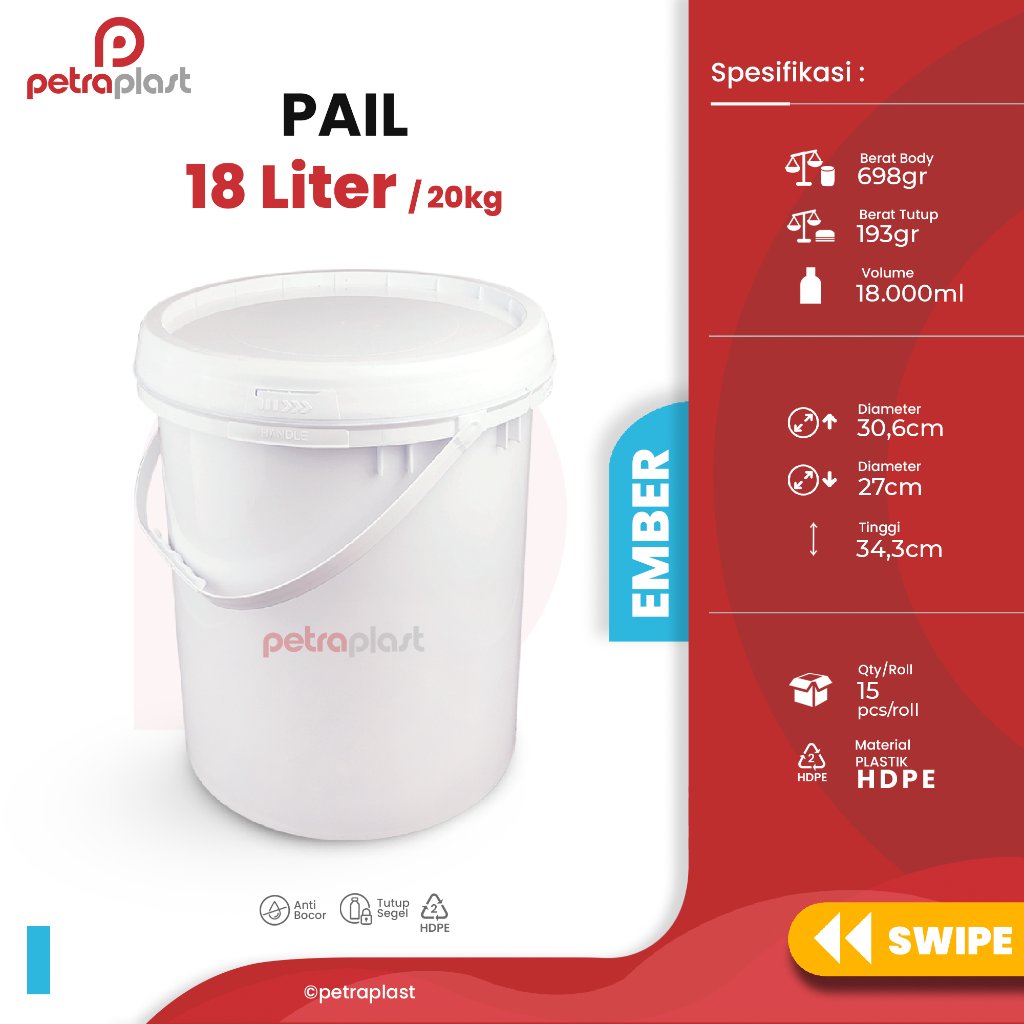 Ember Pail 18 Liter / 20 Kg GT - Ember Cat 20kg Putih - Pail Ember 18 Liter GT - Pail Ember Gallon 1