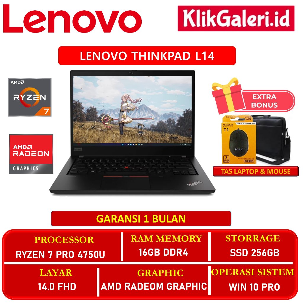 Laptop Second Lenovo ThinkPad L14 Ryzen 7 Pro 4750U 16GB SSD 256GB Black