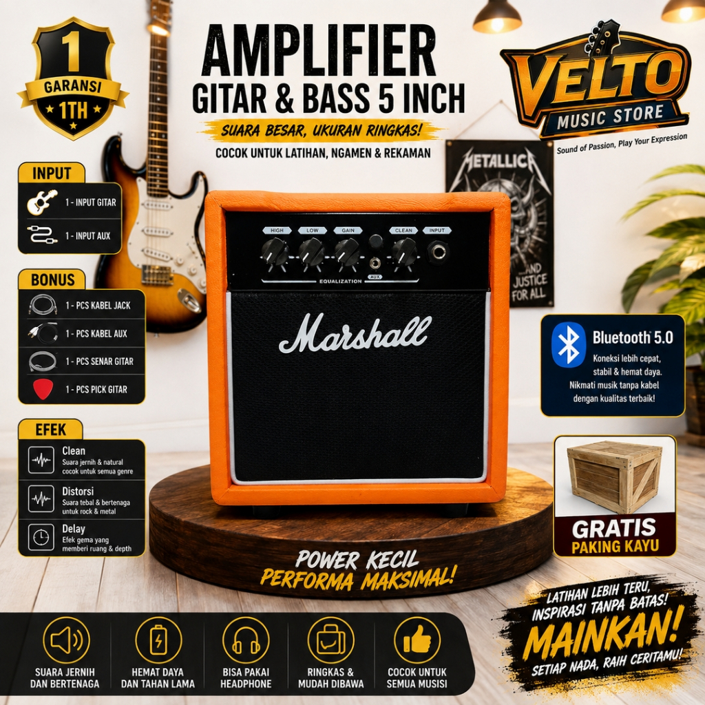 ampli gitar & bass 5 in bluetooth 5.0 2 Input marshall ada efek distorsi & delay oranye