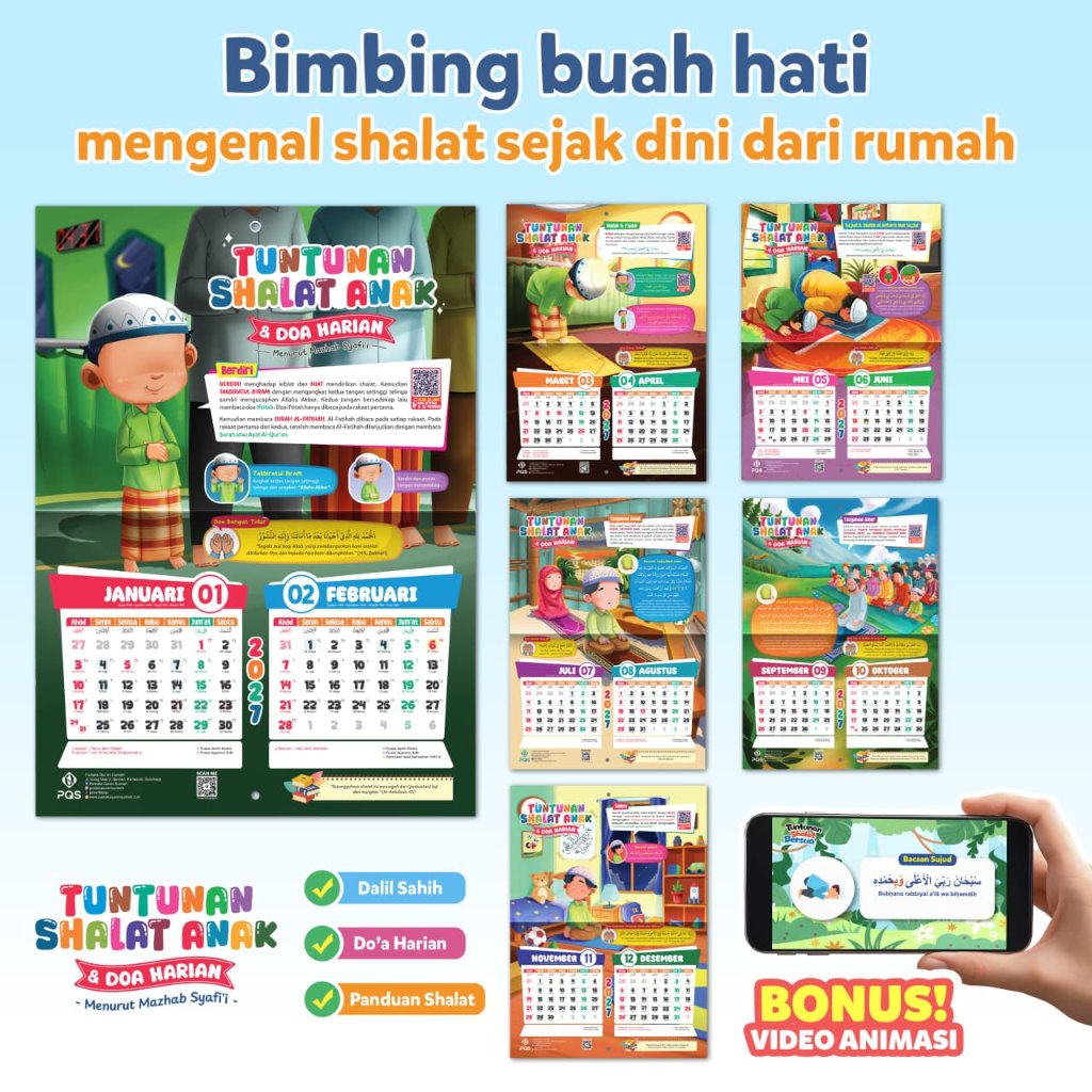 Kalender Anak 2027 Tuntunan Shalat Anak & Doa Harian Menurut Madzhab Syafi'i FULL Color Calender Dinding Tembok Almanak - PQS