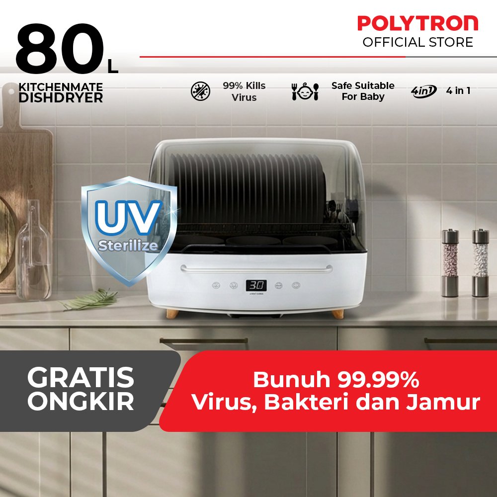 POLYTRON Kitchenmate Dish Dryer UV Sterilizer Botol Bayi Rak Pengering Piring 80 Liter - PDD 801UV