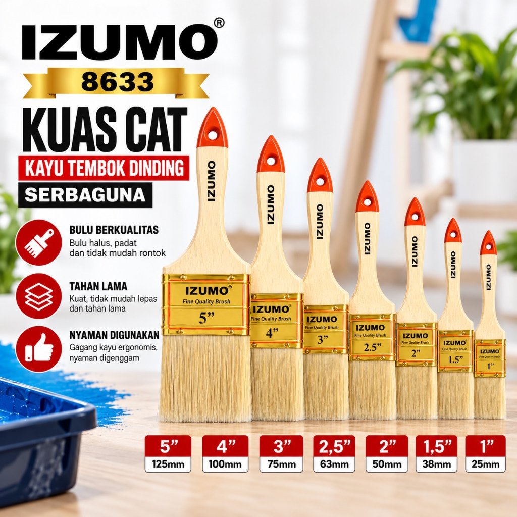 IZUMO 8633 Kuas Cat Tembok / Kuas Cat Gagang Kayu Tebal Ukuran 1Inch, 1 1/2Inch, 2Inch, 2 1/2Inch, 3