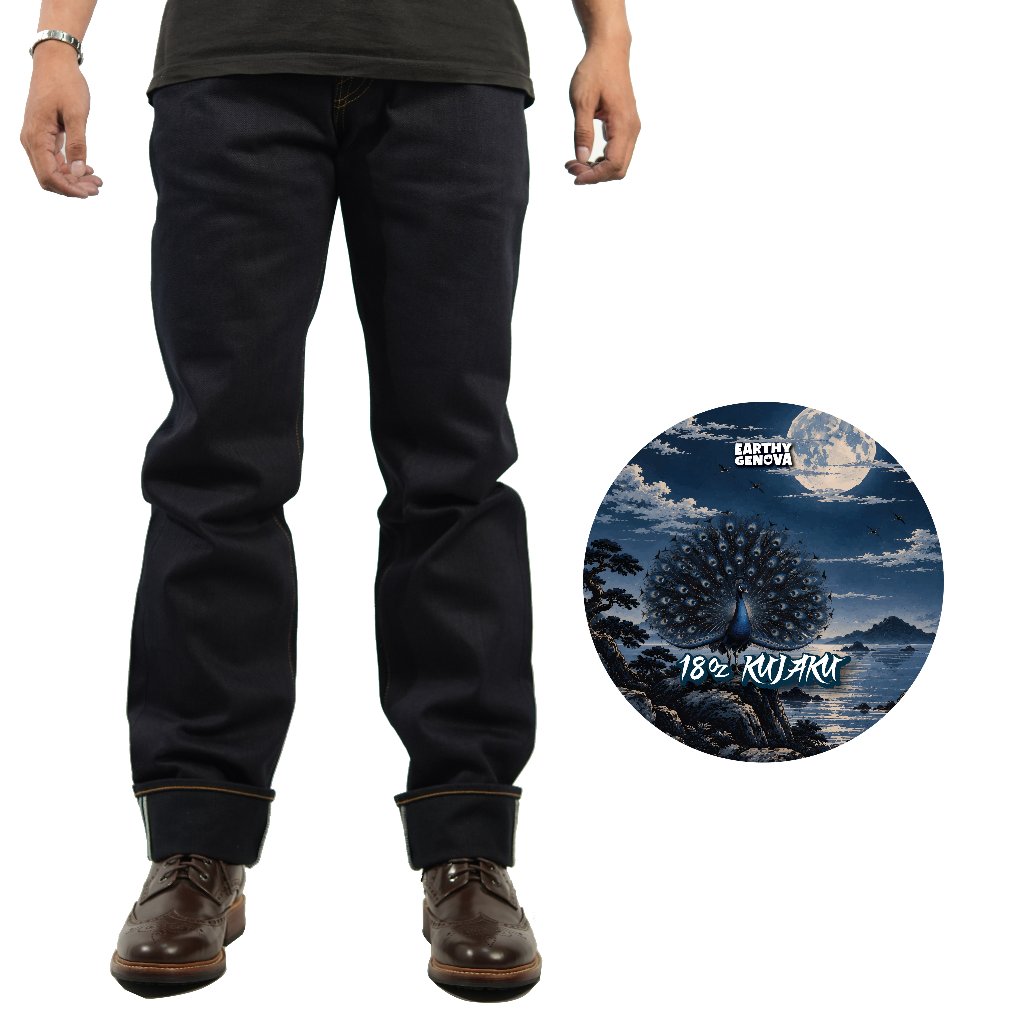 EARTHY GENOVA - Denim Selvedge KUJAKU 18 Oz Sanforized Celana Raw Jeans Pria Indigo x Indigo Color B