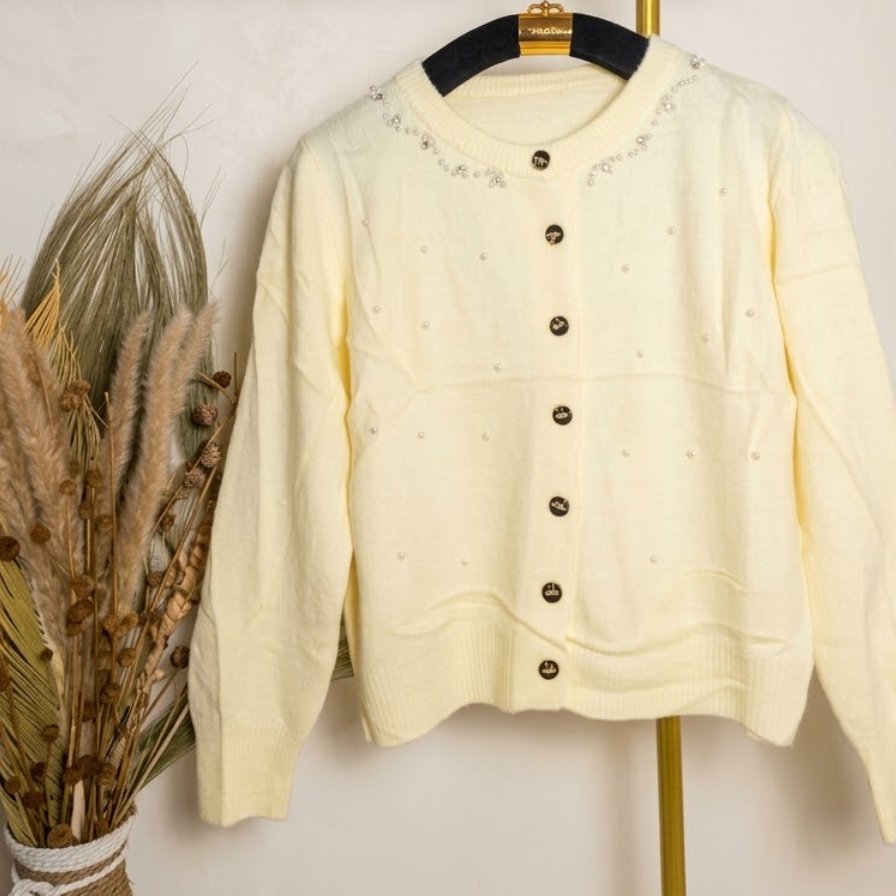 Cardigan Rajut Wanita Kancing yellow butter Mutiara Korea style