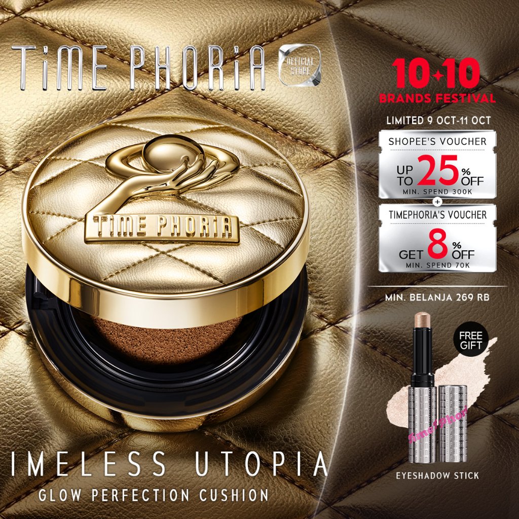 TIMEPHORIA TIMELESS UTOPIA GLOW PERFECTION CUSHION-High Coverage Oil-Control hydrating Antioxidant All-Day Luminous Glow Ringan Foundation Makeup BB Cream Kosmetik Bedak Padat Kosmetik Wajah Makeup TimePhoria Official Store