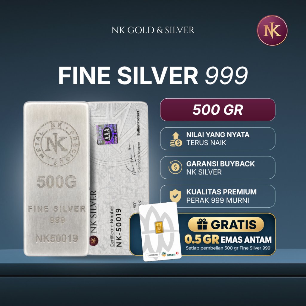 DAPAT 0.5 GRAM ANTAM + NK SILVER 500 GRAM - 99.99% BAR
