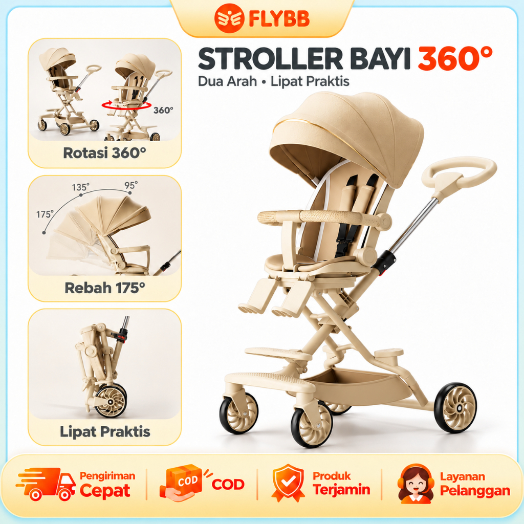 FLYBB 02 Stroller Bayi 2 Arah 360° Kereta Dorong Bayi Lipat Multifungsi Rebah Duduk Travel Baby Stro