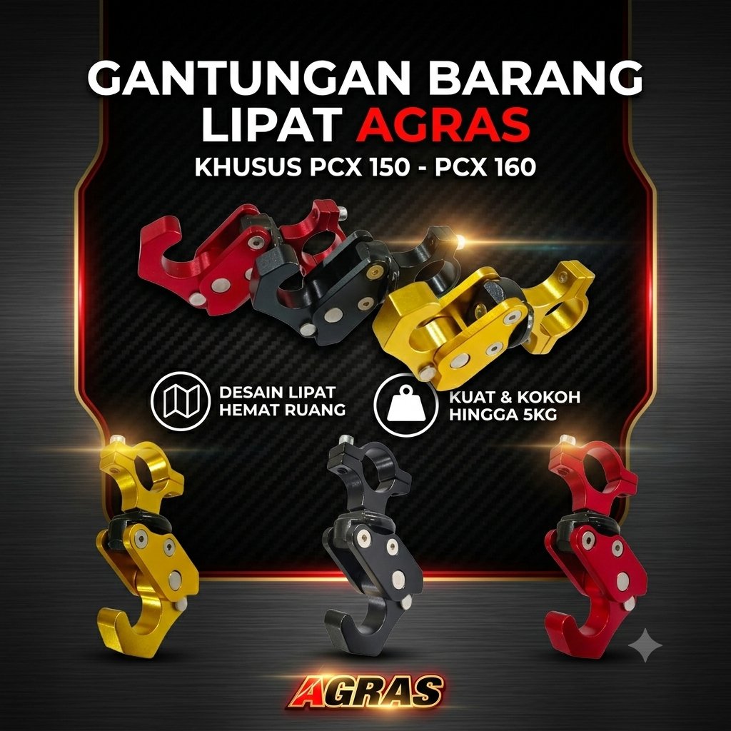 gantungan barang PCX 150 160 model lipat variasi almini cnc Agras gold merah hitam