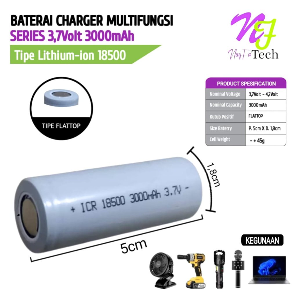 Batterai Charger / Baterai Isi Ulang / Baterai Tipe Li-ion ICR 18500 FLATTOP 3.7v - 3000mAh