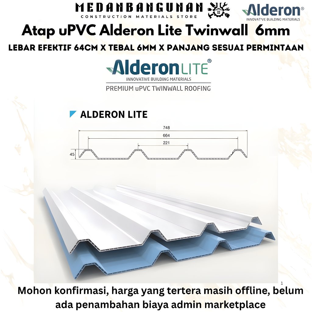 Atap uPVC Twinwall Alderon Lite Tebal 6mm - Atap uPVC Alderon Lite 664 Double Layer Twinwall 6mm  - 